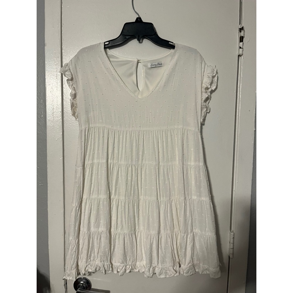 Emory Park White Clip Dot Tiered Babydoll Mini Dress V-Neck Ruffle Sleeve XS